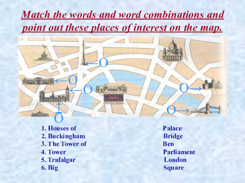 Match the name and the places. Match the places. Match the left and right columns 1 Buckingham 2 Trafalgar.