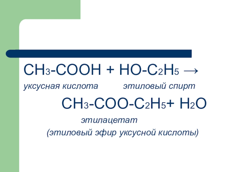 CH3-COOH + HO-C2H5 → уксусная кислота этиловый спирт CH3-COO-C2H5+ H2O этил...