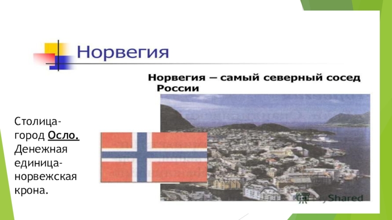 Столица- город Осло.Денежная единица- норвежская крона.
