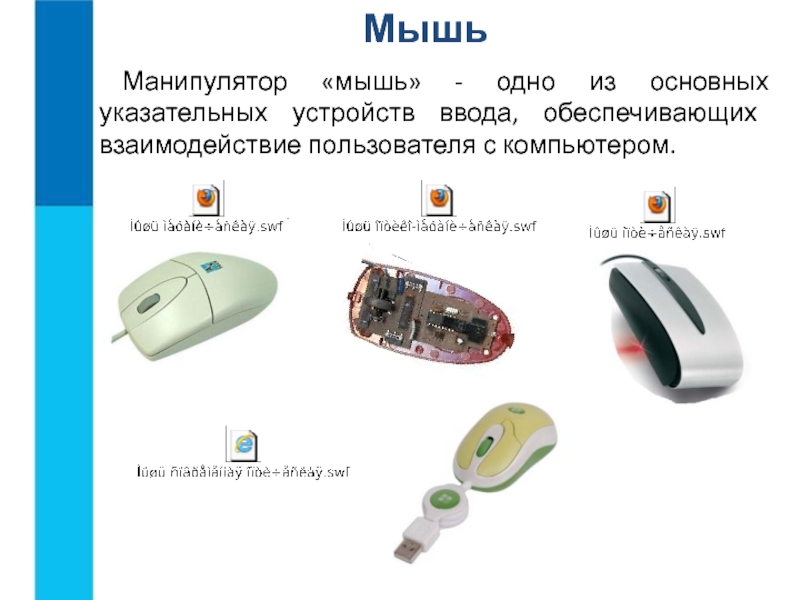 МышьМанипулятор «мышь» - одно из основных указательных устройств ввода, обеспечивающих взаимодействие пользователя с компьютером.