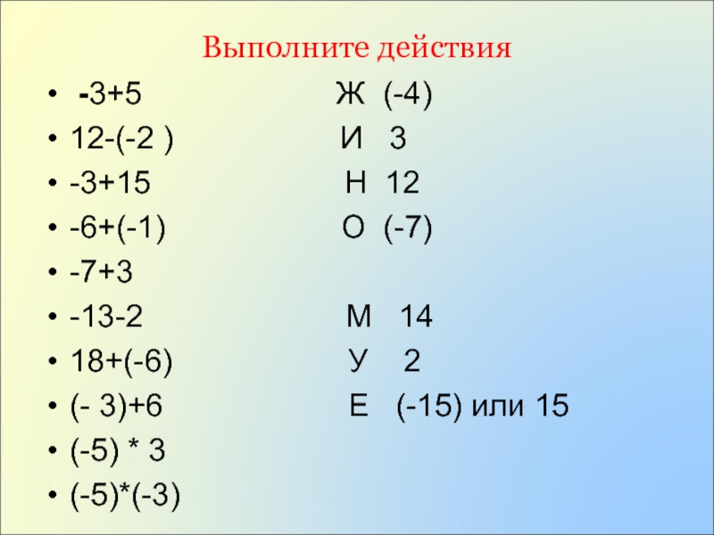 Выполните действия -3+5                      Ж  (-4)12-(-2 )                   И   3-3+15                      Н  12-6+(-1)                    О  (-7)-7+3-13-2                       М   1418+(-6)                    У    2(- 3)+6                     Е   (-15)