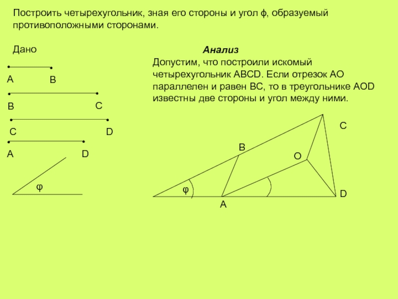 Построить четырехугольник, зная его стороны и угол ϕ, образуемый противоположными сторонами.Дано•A•B•B•C•D•C•A•D