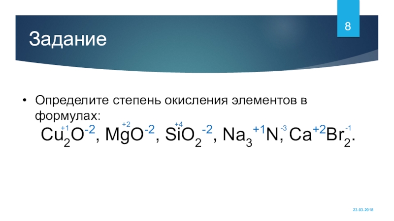 ЗаданиеОпределите степень окисления элементов в формулах:Cu2O-2, MgО-2, SiО2-2, Na3+1N, Ca+2Br2.+1+2+4-3-1