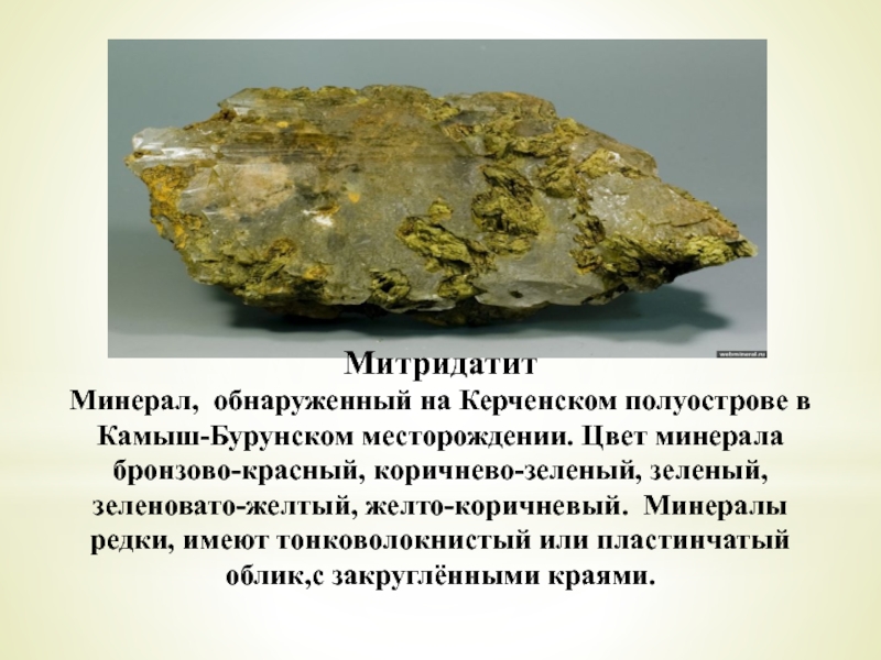 Митридатит Минерал,  обнаруженный на Керченском полуострове в Камыш-Бурунском месторождении. Цвет минерала бронзово-красный, коричнево-зеленый, зеленый, зеленовато-желтый, желто-коричневый.  Минералы редки,