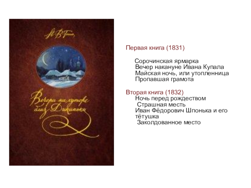 Первая книга (1831)    Сорочинская ярмарка Вечер накануне Ивана Купала Майская ночь, или утопленница Пропавшая