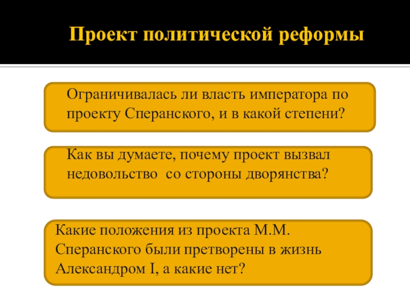 Проект политических реформ. Проект политической реформы м.м.Сперанского. Ограничивалась ли по проекту реформ Сперанского власть императора. Ограничивалась ли по реформ Сперанского. По проекту реформирования Сперанского власть распределилась.