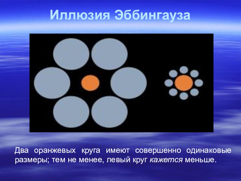 Левый круг. Иллюзия Эббингауза. Иллюзия Эббингауза объяснение. Иллюзия размера оранжевый. Оранжевый кружок иллюзия.