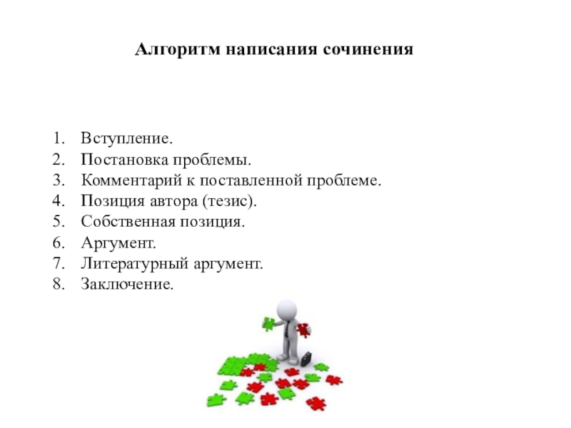 Алгоритм написания сочинения1.	Вступление.2.	Постановка проблемы.3.	Комментарий к поставленной проблеме.4.	Позиция автора (тезис).5.	Собственная позиция.6.	Аргумент.7.	Литературный аргумент.8.	Заключение.