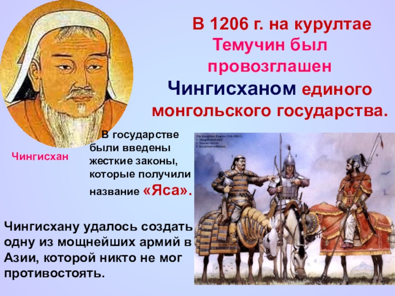 Яса год. 1206 Г Темучин провозглашен на Курултае Чингисханом. Золотая Орда Темучин.