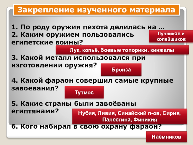 Закрепление изученного материала1. По роду оружия пехота делилась на …2. Каким оружием пользовались египетские воины?3. Какой металл