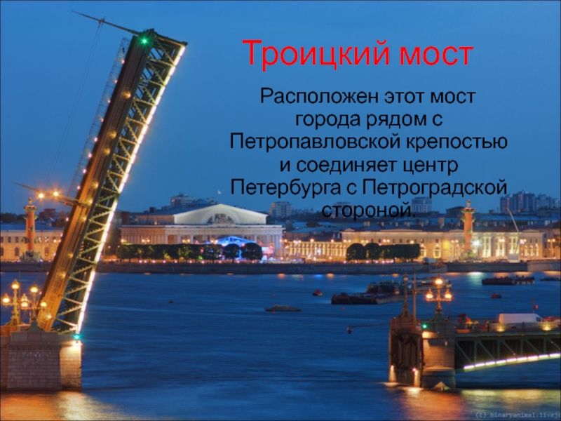 Троицкий мост  Расположен этот мост города рядом с Петропавловской крепостью и соединяет центр Петербурга с Петроградской