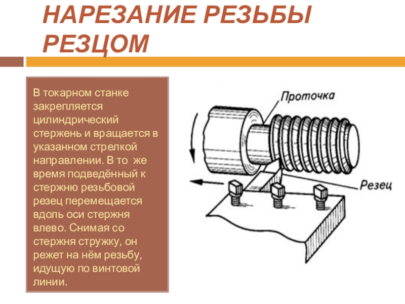 Крепежная резьба. При точении заготовка вращается а резец перемещается вдоль её оси. При нарезании резьбы останется стружка ?.