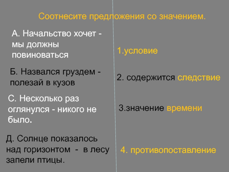 Суть в значении есть. Начальство хочет мы должны повиноваться почему тире. Несколько раз оглянулся — никого не было — значение. Назвался груздем полезай в кузов почему тире. Повиноваться значение.