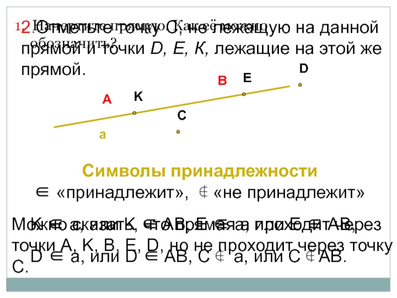 Обозначение прямых. Точка на прямой. Точка лежит на прямой. Точки не лежащие на прямой. Как обозначить что точка лежит на прямой.