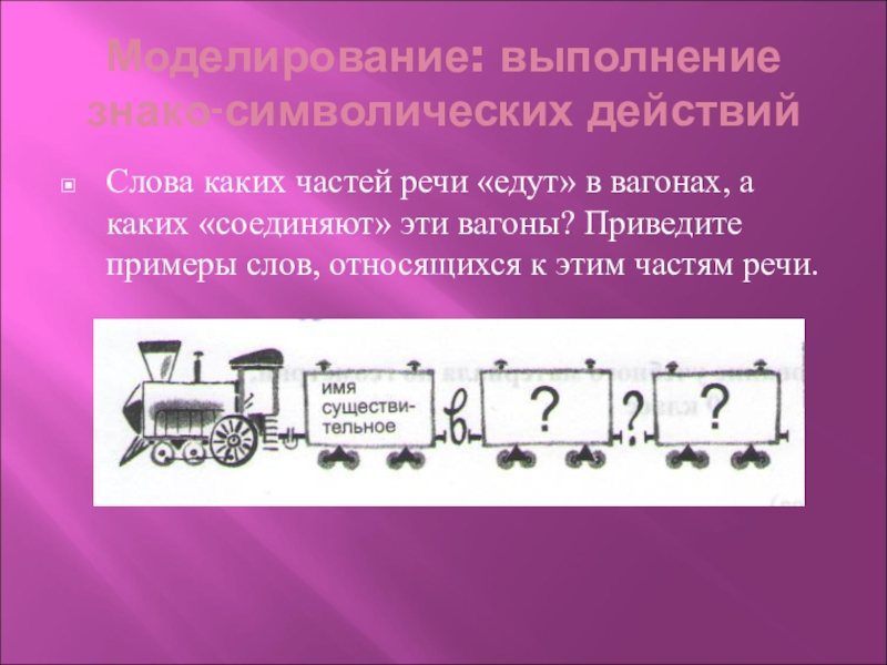 Моделирование: выполнение знако-символических действийСлова каких частей речи «едут» в вагонах, а каких «соединяют» эти вагоны? Приведите примеры