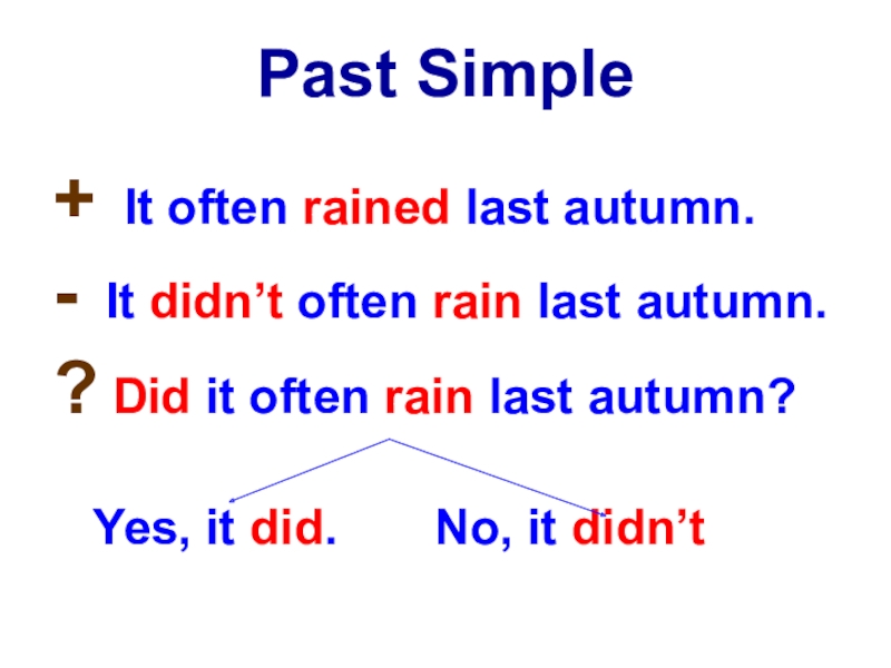 Past Simple+ It often rained last autumn.- It didn’t often rain last autumn.? Did it often rain