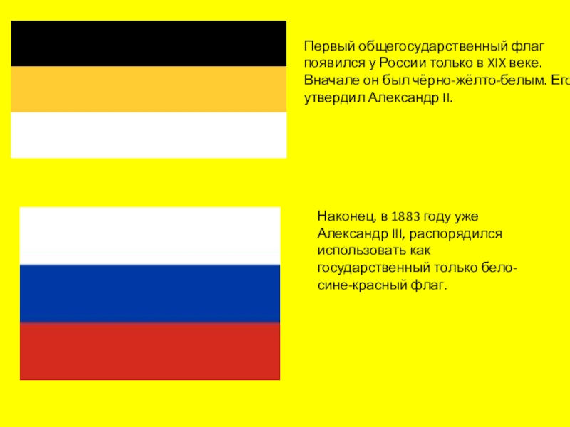 Первый общегосударственный флаг появился у России только в XIX веке. Вначале он был чёрно-жёлто-белым. Его утвердил Александр