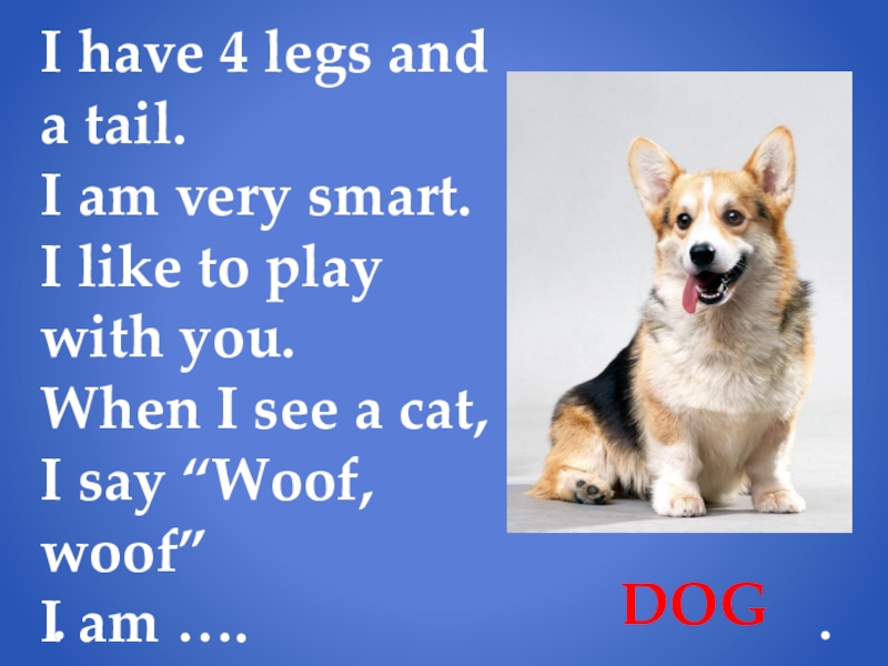 Being very clever. Woof Dog. Dog says Woof. One Dog Woof. Woof Woof its a Dog.