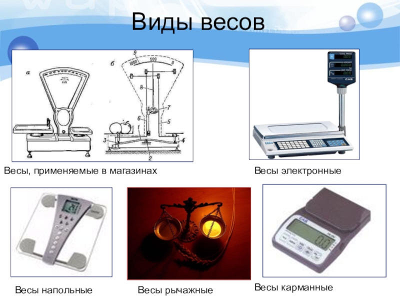 Виды весовВесы, применяемые в магазинахВесы карманныеВесы напольныеВесы рычажныеВесы электронные