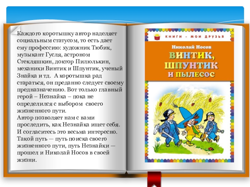 Каждого коротышку автор наделяет социальным статусом, то есть дает ему профессию: художник Тюбик, музыкант Гусля, астроном Стекляшкин,