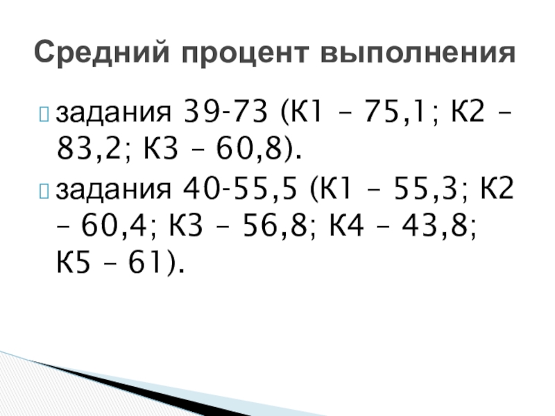 задания 39-73 (К1 – 75,1; К2 – 83,2; К3 – 60,8). задания 40-55,5 (К1 – 55,3; К2