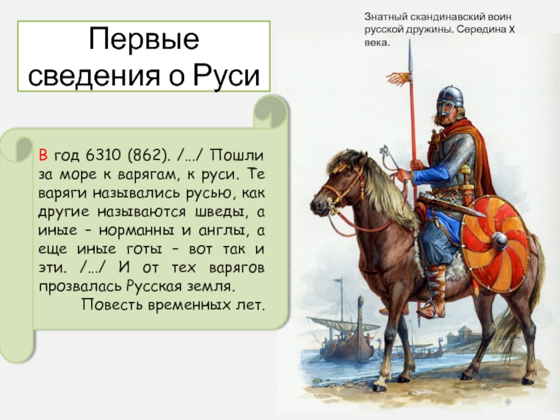 Первые сведения о РусиВ год 6310 (862). /…/ Пошли за море к варягам, к руси. Те варяги