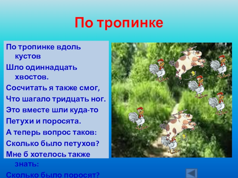 Иду вдоль тропинки падеж. По тропинке вдоль кустов шло одиннадцать хвостов. По тропинке вдоль кустов. По тропинке вдоль кустов шло 11 хвостов сосчитать я. Шли 11 хвостов и шагало 30 ног это вместе шли куда то петухи и поросята.