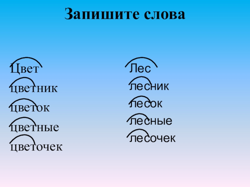 Запишите слова Цветцветник цветок цветные цветочекЛеслесниклесоклесные лесочек