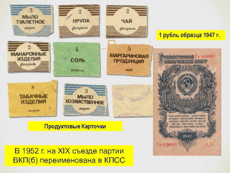 В 1952 г. на XIX съезде партии ВКП(б) переименована в КПСС1 рубль образца 1947 г.