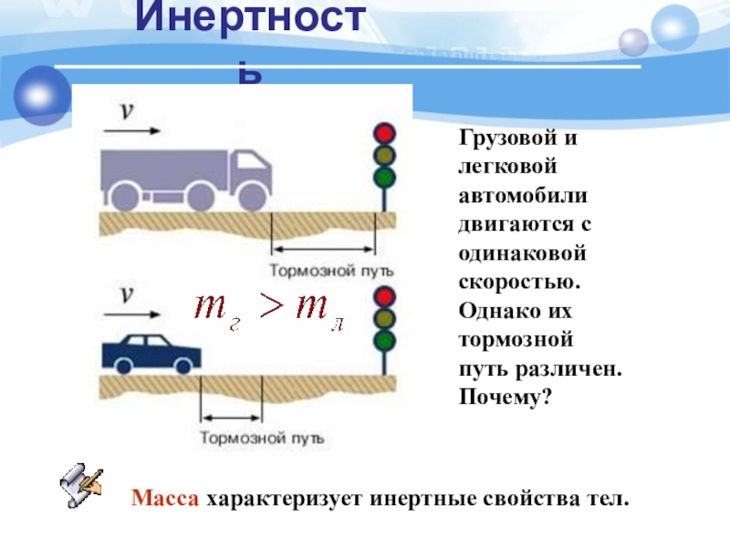 Грузовой и легковой автомобили двигаются с одинаковой скоростью. Однако их тормозной путь различен. Почему?ИнертностьМасса характеризует инертные свойства