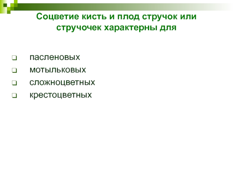 Соцветие кисть и плод стручок или стручочек характерны для пасленовых  мотыльковых  сложноцветных  крестоцветных