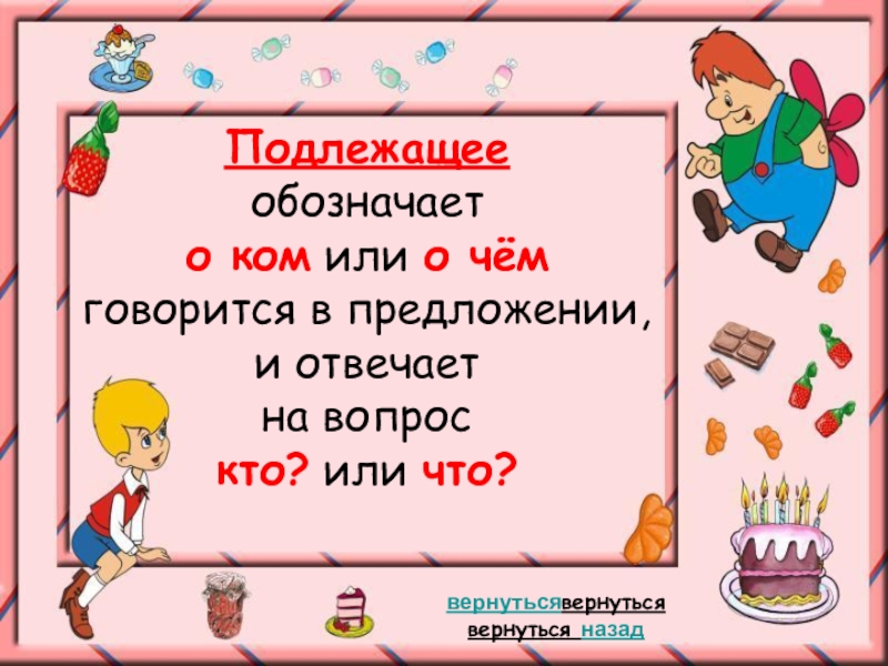 В предложении говорится. На какие вопросы отвечает подлежащее. Подлежащее отвечает на вопросы кто что. Сказуемое обозначает о ком или о чем говорится в предложении. 4)На какой вопрос отвечает подлежащее?.