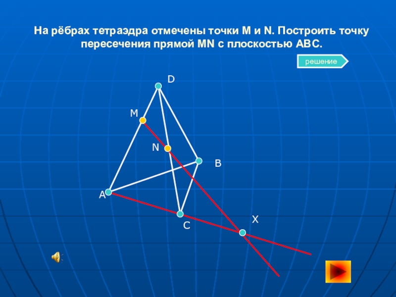 E точка пересечения. Тетраэдр точка пересечения прямой и плоскости. Ребра тетраэдра построить точки пересечения. Постройте точку пересечения прямой с плоскостью тетраэдра. Пересечение прямой и плоскости в тетраэдре.