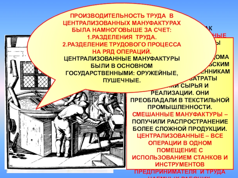 Развитие мануфактур. Централизованные мануфактуры. Рассеянные и централизованные мануфактуры. Этапы развития мануфактуры. Рассеянная мануфактура.