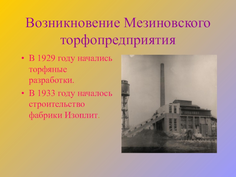 Возникновение Мезиновского торфопредприятияВ 1929 году начались торфяные разработки.В 1933 году началось строительство фабрики Изоплит.