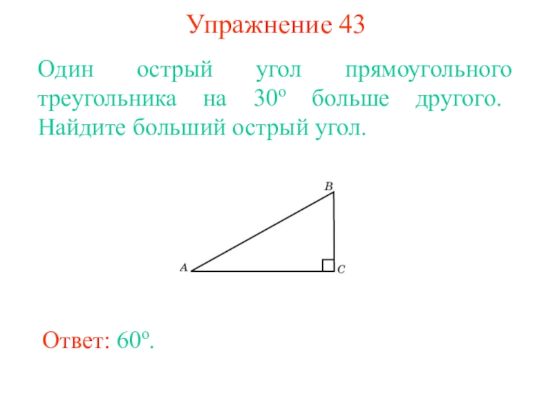 1 из острых углов прямоугольного. Острый угол прямоугольного треугольника. Один острый угол прямоугольного треугольника. Больший острый угол. Больший угол в прямоугольном треугольнике.