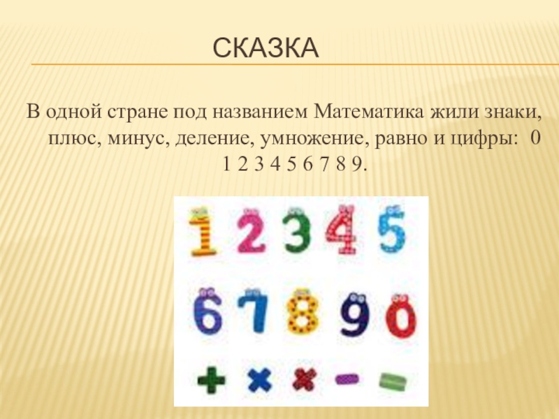 СКАЗКАВ одной стране под названием Математика жили знаки, плюс, минус, деление, умножение, равно и цифры: 0 1