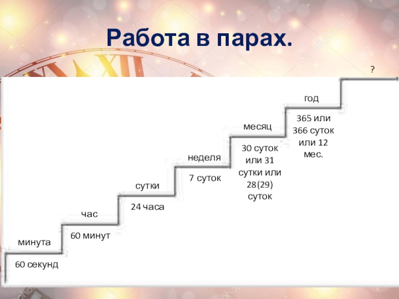 Работа в парах.минутачассуткинеделямесяцгод?60 секунд60 минут24 часа7 суток30 суток или 31 сутки или 28(29) суток365 или 366 сутокили