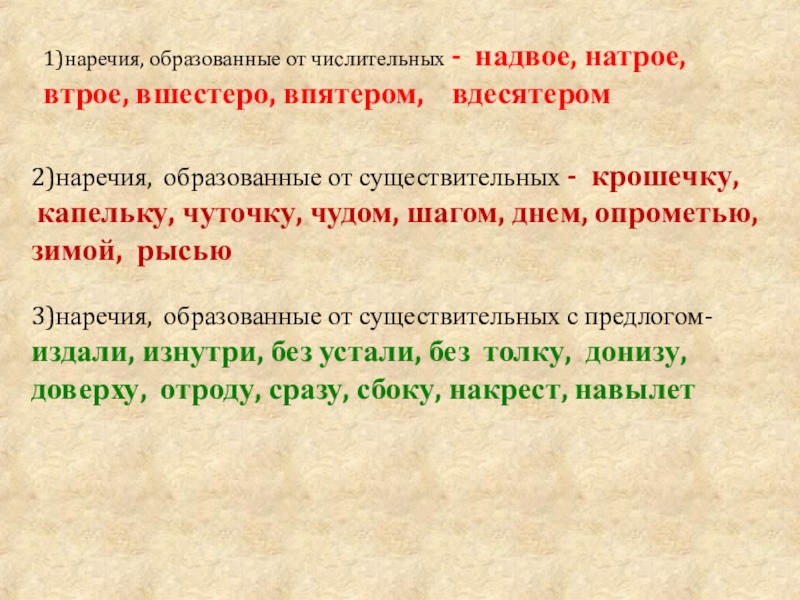 Образуйте по одному наречию соответствующему данным моделям образец издавна