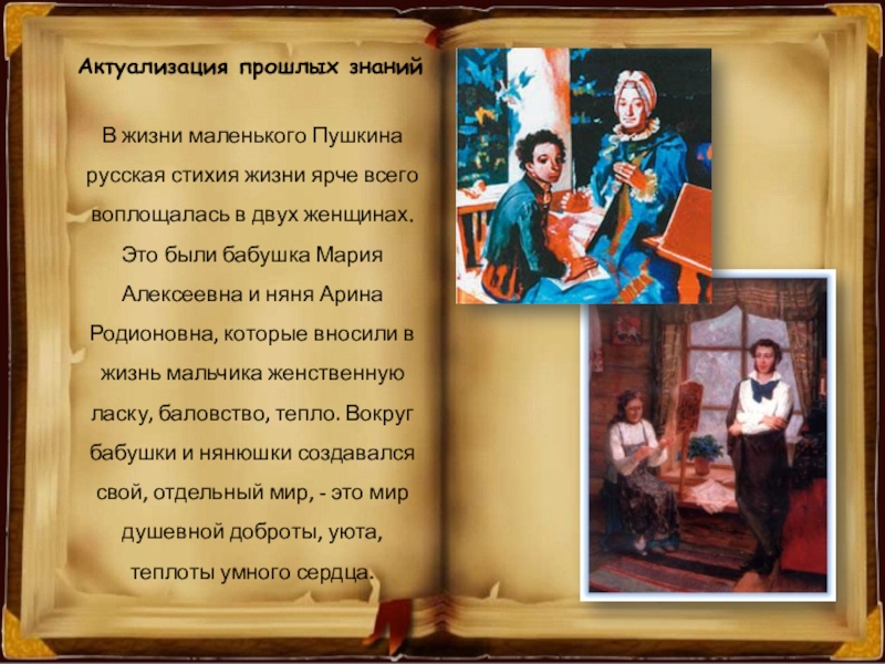 Актуализация прошлых знанийВ жизни маленького Пушкина русская стихия жизни ярче всего воплощалась в двух женщинах. Это были