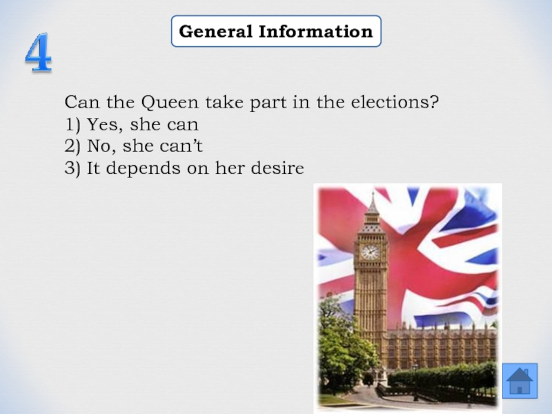 General InformationCan the Queen take part in the elections?1) Yes, she can2) No, she can’t3) It depends