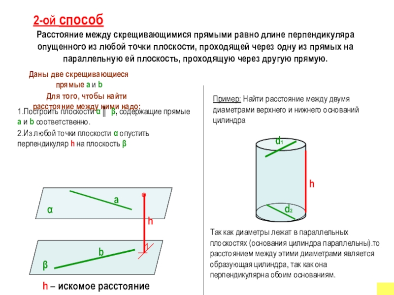 Длина перпендикуляра опущенного. Расстояние между скрещивающимися прямыми в цилиндре. Найти расстояние между плоскостями. Построение расстояния между скрещивающимися прямыми. Расстояние между скрещивающимися прямыми формула.