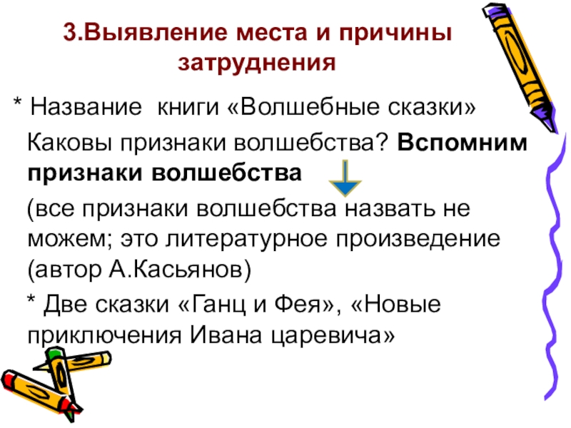 Вспомни признаки. Выявление места и причины затруднения. Термин в литературе проявления волшебства. Признаки волшебства в сказке Кубок.