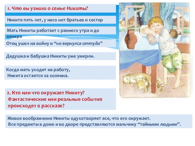 1. Что вы узнали о семье Никиты?Никите пять лет, у него нет братьев и сестер Мать Никиты