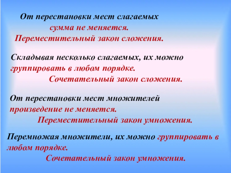 Сумме мест. Правило от перемены мест слагаемых. Правило от перестановки слагаемых. Правила от перемены мест слагаемых сумма не меняется. От перестановки слагаемых сумма не меняется.