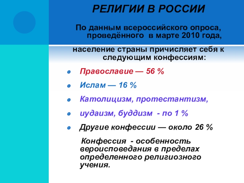РЕЛИГИИ В РОССИИПо данным всероссийского опроса, проведённого в марте 2010 года, население страны причисляет себя к следующим