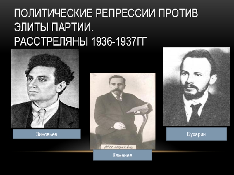 Политические репрессии против элиты партии. Расстреляны 1936-1937ггЗиновьевКаменевБухарин