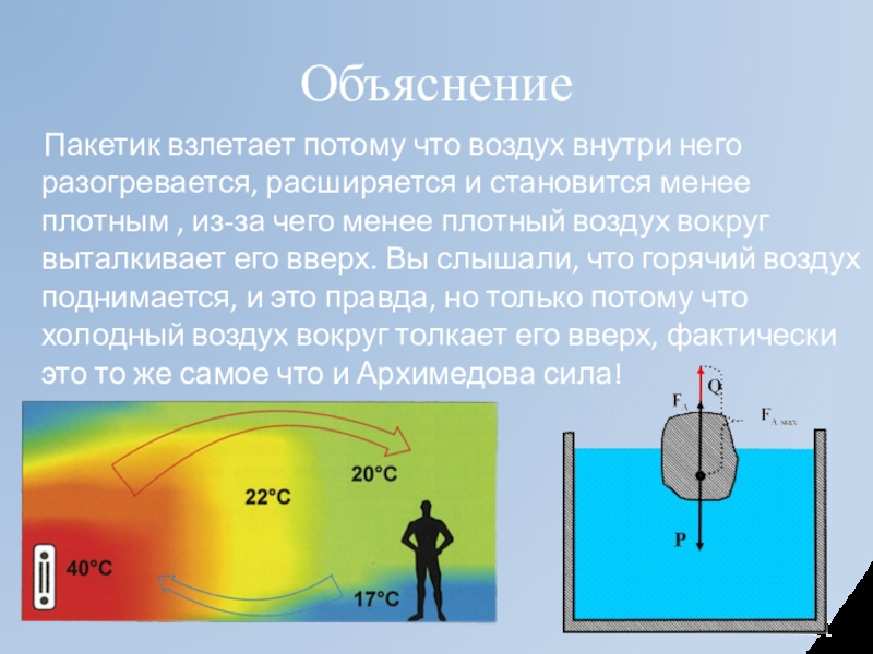 Менее плотный. Три газа менее плотных, чем воздух. На поверхности более плотная или менее плотная жидкость. Более плотные выталкивают менее плотных.