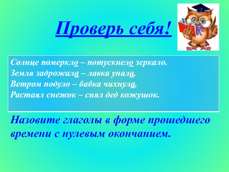 Назовите глаголы в форме прошедшего времени с нулевым окончанием.Проверь себя!