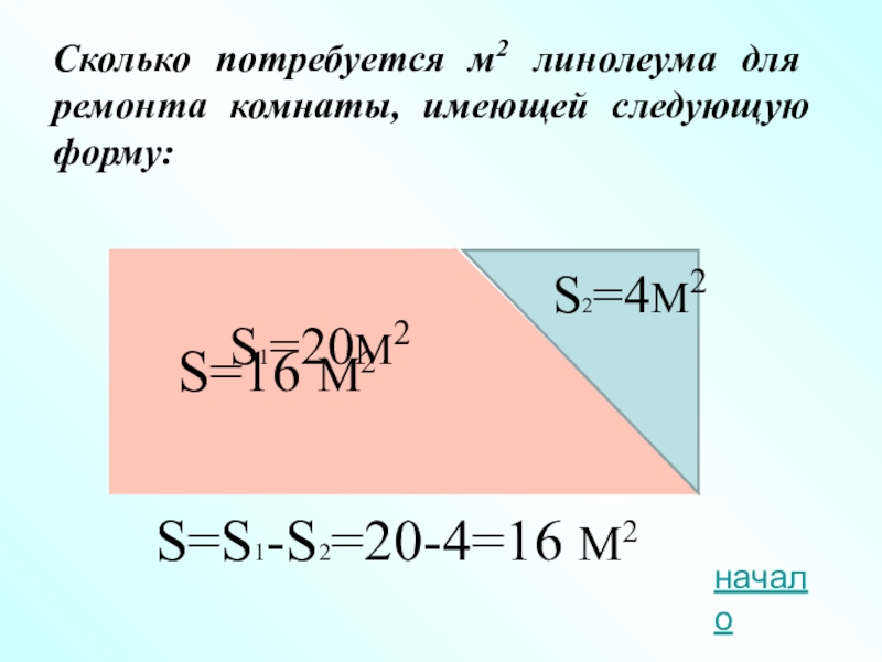 Сколько потребуется м2 линолеума для ремонта комнаты, имеющей следующую форму:S=S1-S2=20-4=16 М2S1=20М2S2=4М2S=16 М2начало